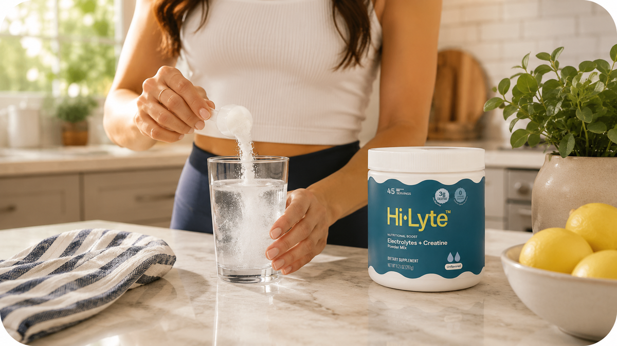 Woman pours powder into a glass beside a Hi-Lyte electrolytes and creatine tub on a kitchen counter