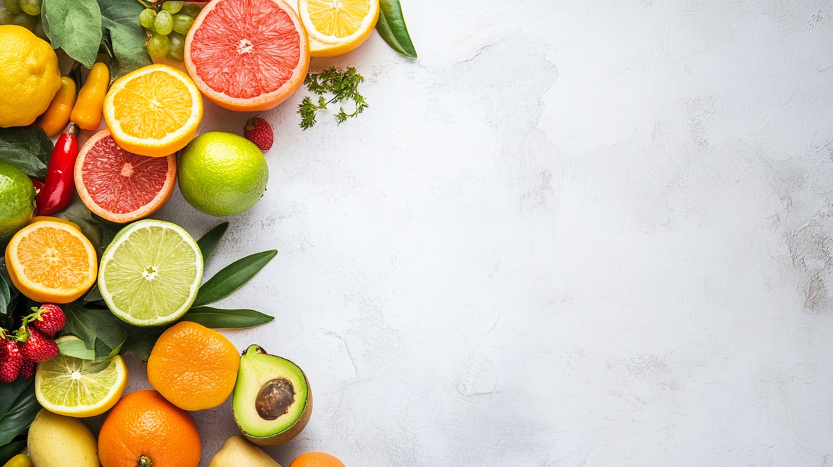 Colorful citrus fruits and green leaves along the left edge of a light textured background