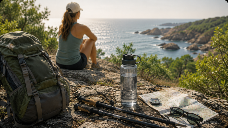 Hiker resting on a rocky overlook with backpack water bottle map and trekking poles overlooking the coastline