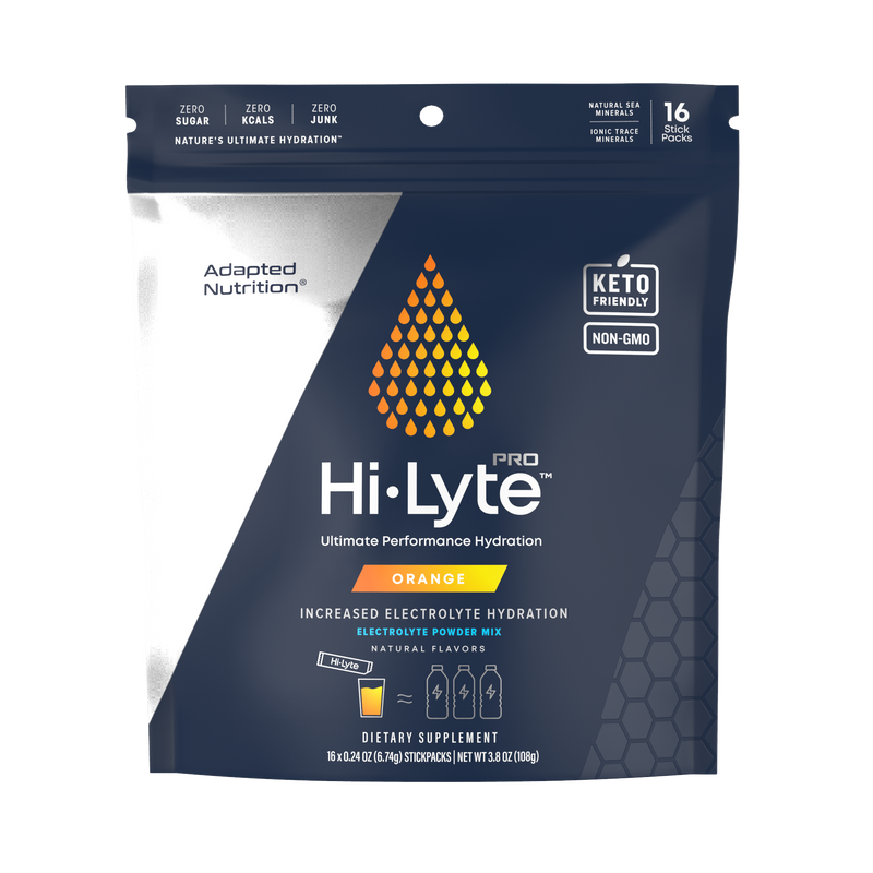 Hi-Lyte Pro hydration packet pouch close up showing Zero Sugar Zero KCALS Zero Junk and Nature's Ultimate Hydration