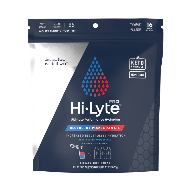 Top section of Hi-Lyte Pro hydration packet on navy packaging showing zero sugar zero kcals zero junk and natural sea minerals