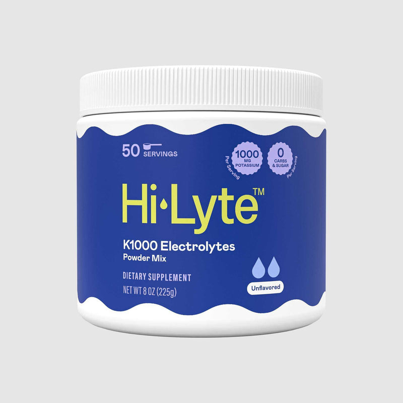 K1000 Electrolytes powder bottle with white ribbed cap and blue label